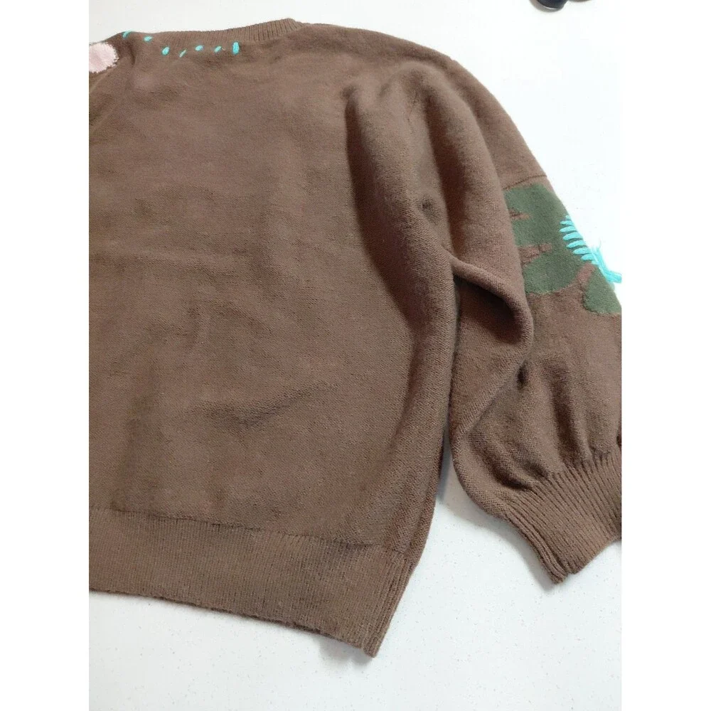 POL Women's V-Neck Sweater Chocolate Brown with Textured Flowers size Large